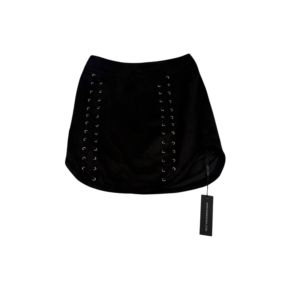 Runway New York Black Faux Suede Lace Up Grommet Mini Skirt Small Front Zip NEW